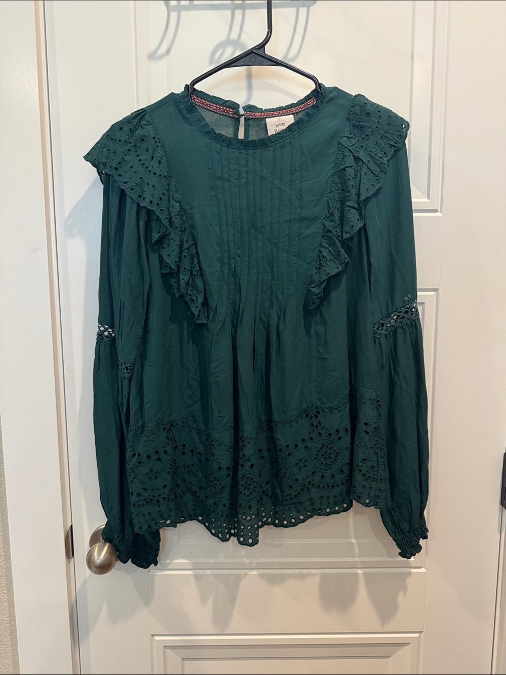 Knox Rose Emerald Green Eyelet Ruffle Pintuck Blouse